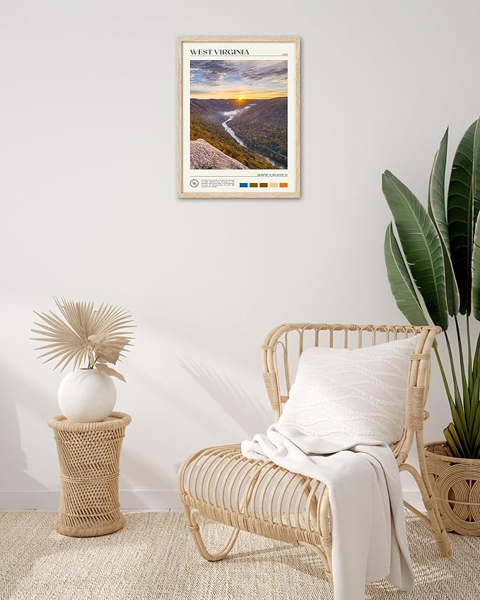 HesenDot Natural OAK Wood Framed West Virginia Wall Art,12x16in New River Gorge Quality Canvas Wall Print,Classic Urban Landmark Wall Decor for Living Room,Bedroom,Office Gallery Gifts Set of 1-Ruum Studio Home