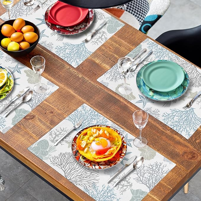 Summer Linen Placemats Set of 4 Nautical Coastal Theme Washable Non-Slip Heat Resistant Table Place Mat 12×18 Inch Ocean Beach Blue Grey Coral Starfish Place Mats for Kitchen Dining Table-Ruum Studio Home