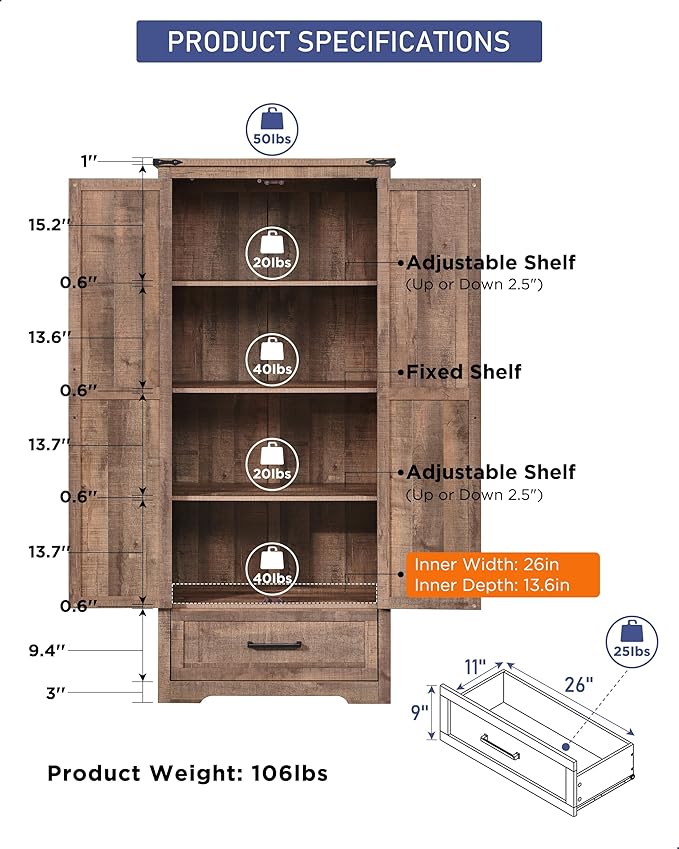 Farmhouse Kitchen Pantry Cabinet - 72" Tall Wood Kitchen Storage Cabinets with Adjustable Shelves & 2 Barn Doors & Drawer, Versatile Storage for Dining Room, Bathroom, Utility Room, Light Brown-Ruum Studio Home