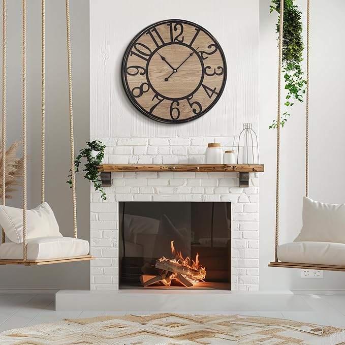 Large Wall Clock for Living Room Decor, Non Ticking Silent, Battery Operated Modern Vintage Wood Wall Clock Oversized Decorative Wall Clock for Bedroom Kitchen Farmhouse Office Decor-Ruum Studio Home