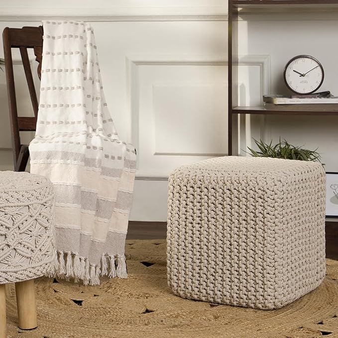 REDEARTH Square Pouf Ottoman Foot Stool - Hand Knitted Bean Bag - Cord Boho Pouffe - Accent Poof for Living Room - Nursery - Bedroom - Kids Bedroom - Patio - 100% Cotton (16" x 16" x 16") - Ivory-Ruum Studio Home