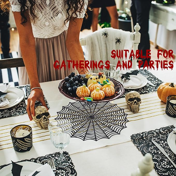 Sfcddtlg 6 Pcs Halloween Spider Web Placemats, 15" Heat Insulation Halloween Placemats Spider Web Table Mats, Hollow Out Spiderweb Coasters Placemat for Dining Table Party Decoration-Ruum Studio Home