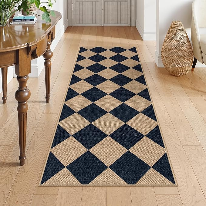 Lahome Checkered Easy Jute Runner, 2x6 Kitchen Runner Rug Non Slip Washable Outdoor Rug for Entryway Indoor, Checkerboard Black Indoor Outdoor Carpet for Hallway 6ft Entry Front Door-Ruum Studio Home