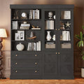 Vyre 71" Tall Farmhouse Bookshelves with Glass Doors and Drawers, Set of 2 – Large Modular Bookcase with Adjustable Shelves, Storage Cabinet for Living Room, Kitchen, Black-Ruum Studio Home
