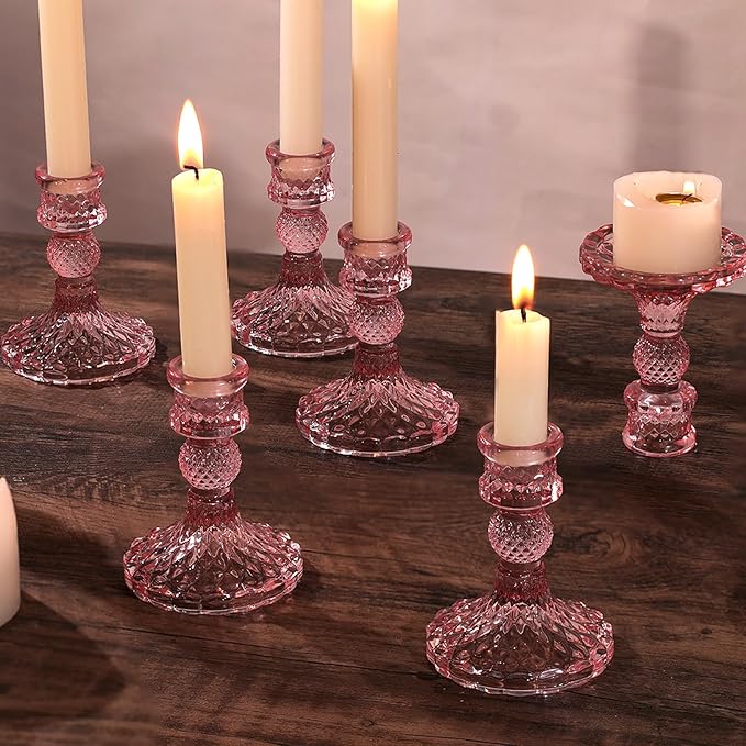 12Pcs Pink Candlestick Holders Set- 4" H Taper Candle Holders Bulk, Glass Candle Holders for Wedding, Party, Romantic Dinner Table Centerpieces, Festival Gifts & Windowsill Decor-Ruum Studio Home