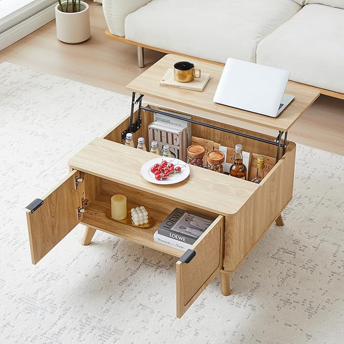 AVZEAR Wood Lift Top Coffee Table with Storage, Boho Modern Coffee Table with Nature Linen Doors & Large Hidden Storage, Rounded Corners Center Table Farmhouse Coffee Tables for Living Room, Natural-Ruum Studio Home
