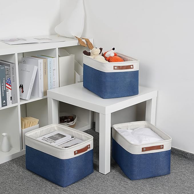 DULLEMELO Fabric Storage Bins, Foldable Storage Baskets for Organizing, Empty Gift Baskets (3-Pack Medium-15 inch X 11 inch X 9.5 inch , White&Blue)-Ruum Studio Home