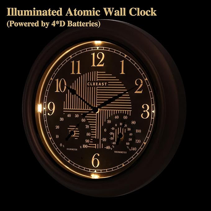 CLXEAST 18 Inch Illuminated Outdoor Indoor Atomic Analog Wall Clock with Temperature & Humidity, Lighted Outdoor Clocks for Patio Large Waterproof with Thermometer,Bronze Finish,House Warming Gifts-Ruum Studio Home