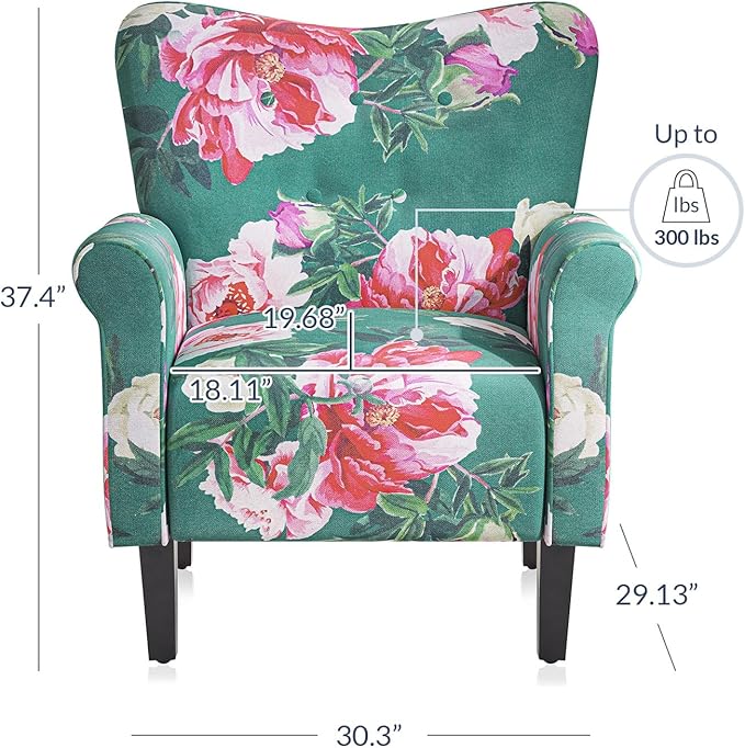 BELLEZE Modern Accent Chair, High Back Armchair, Upholstered Wingback Side Chair, Padded Single Sofa with Wooden Legs for Living Room, Bedroom - Green & Flower-Ruum Studio Home