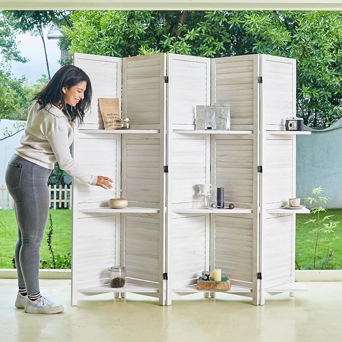 Partition Room Dividers, Folding Wood Privacy Screen with Three Display Shelves Suitable for Home Office, Study, Art Display - 5 Panel, 67 * 64inch (White-Washed)-Ruum Studio Home