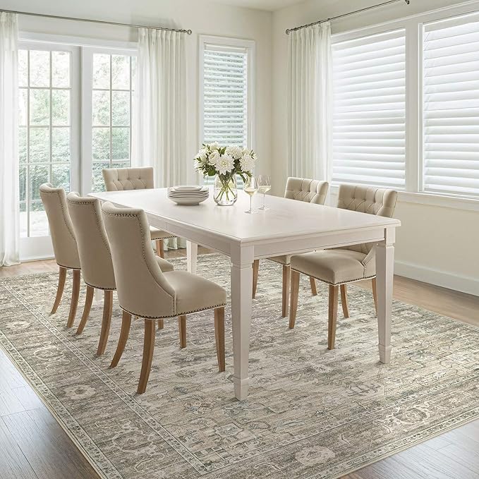 Washable Area Rugs for Living Room -10x14 Neutral Vintage Distressed Floral Farmhouse Boho Large Soft Floor Rug Indoor Non Slip Carpet for Living Room Bedroom Dining Room Office -Brown/Tan-Ruum Studio Home
