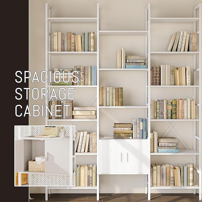 70x78 “ Triple 6 Tier Book Shelf, Industrial Large Bookcase with Storage Cabinet, Tall Bookshelf with 16 Open Display Shelves Metal Frame Furniture for Living Room Bedroom Home Office White-Ruum Studio Home