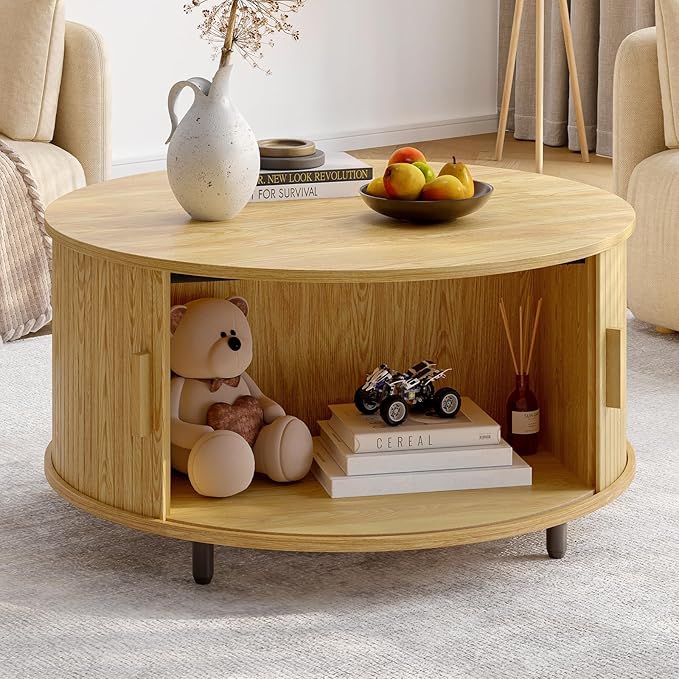 Round Coffee Table with Storage, 31.5" Modern Coffee Table with 360° Curved Sliding Door, Fluted Wood Accent Coffee Table with Adjustable Footpads, Round Center Table for Living Room, Oak-Ruum Studio Home