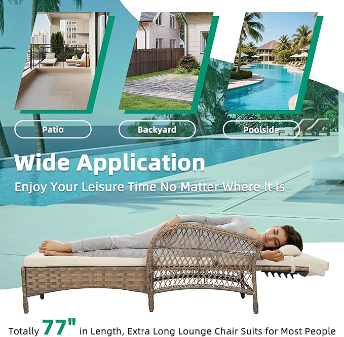 VIVIJASON Outdoor Wicker Chaise Lounge Chair, All-Weather PE Rattan Cushioned Patio Lounger Set with Side Table, 6-Position Adjustable Outside Pool Sunbathing Recliner with Armrest & Pillow, Beige-Ruum Studio Home
