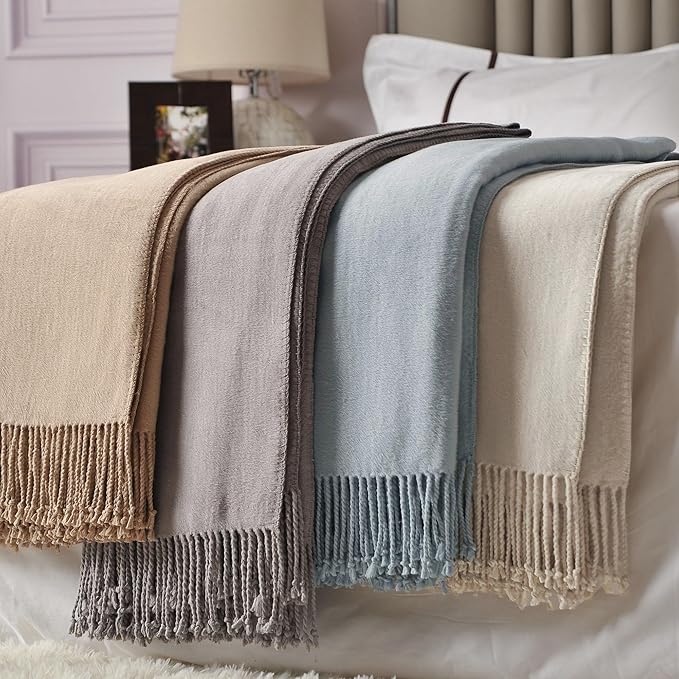 CUDDLE DREAMS Silk Throw Blanket with Hand-Knotted Fringe, Natural, Soft & Breathable (Gray)-Ruum Studio Home