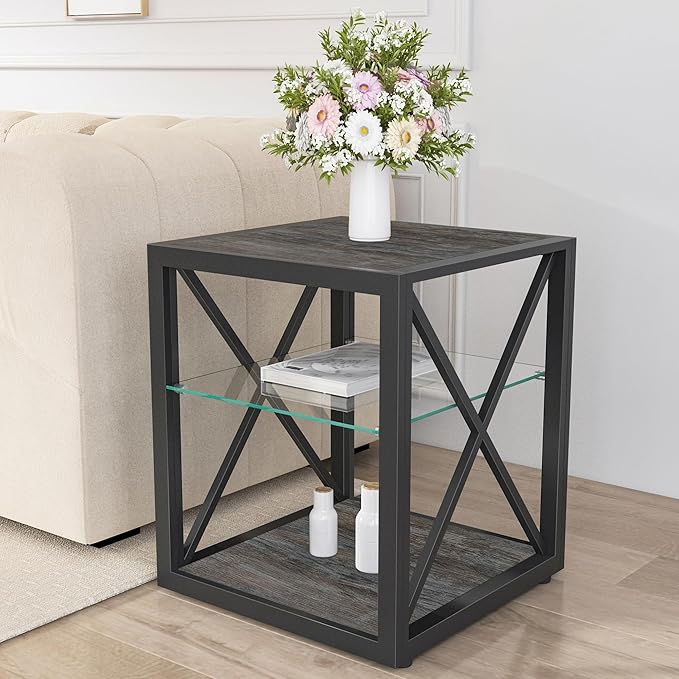 Farmhouse End Table, Modern Side Table with 3-Tier Storage Shelf, Square Rustic Nightstand, Accent Tea Table, for Bedroom Office Living Room, Grey, Natural Wood, Glass, Metal-Ruum Studio Home