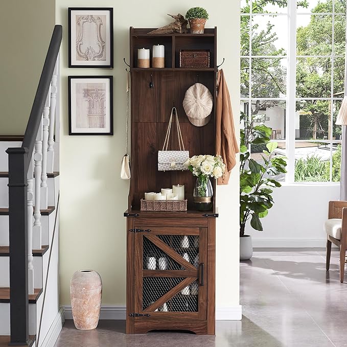 JXQTLINGMU 23" Farmhouse Hall Tree with Shoe Storage, Entryway Bench with 6 Cubbies, 5 Hooks & Barn Doors, Mudroom Coat Rack Cabinet, Brown-Ruum Studio Home