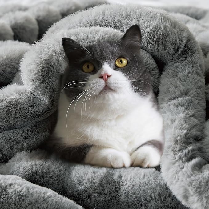 BEDELITE Faux Fur Throw Blanket for Couch, Soft and Cozy Luxurious 3D Striped Fluffy Blanket, 770GSM Thick Warm Plush Fuzzy Faux Rabbit Fur Blanket for Women Gift (Crey, 50"x 60")-Ruum Studio Home