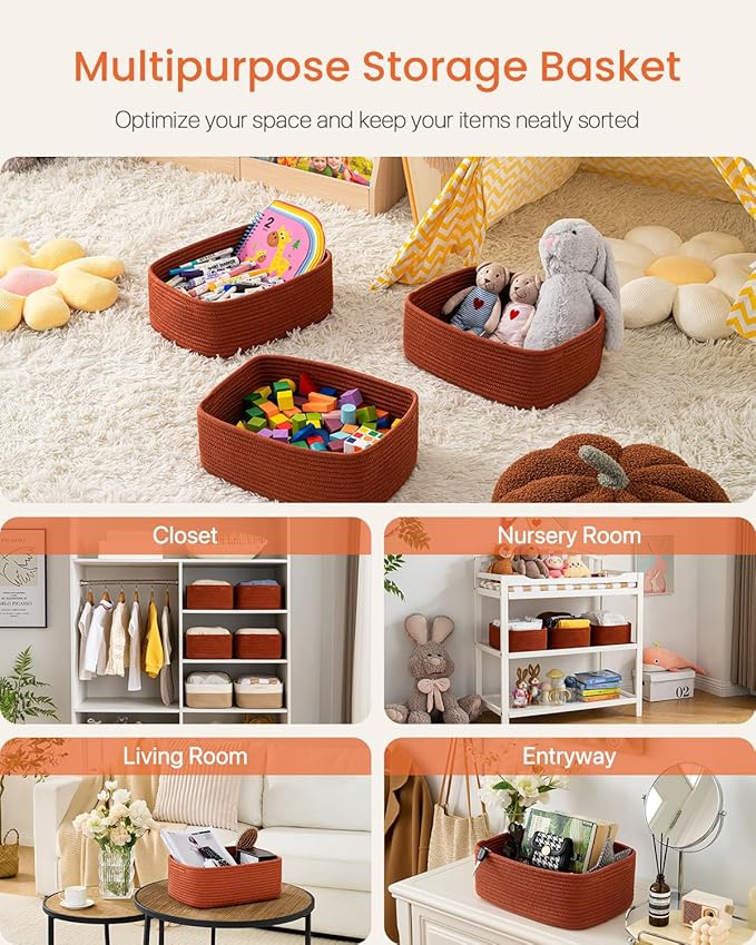KALLAX Small Woven Basket, 13.5 x 9.5 x 5 Inches, Storage Basket for Organizing, Cute Small Rope Shelf Closet Cube Storage Bins Baskets for Shelves, Dog Toy Gift Baskets Empty, 3 Pack Rust Red-Ruum Studio Home