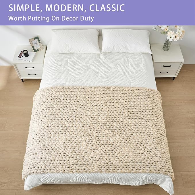 Bigacogo Chunky Knit Throw Blanket for Couch, 40x80 inches, 100% Hand Knitted with Thick Jumbo Chenille Yarn, Cozy Soft Large Rope Knot Cable Crochet Blankets for Sofa Bed Living Room, Beige-Ruum Studio Home