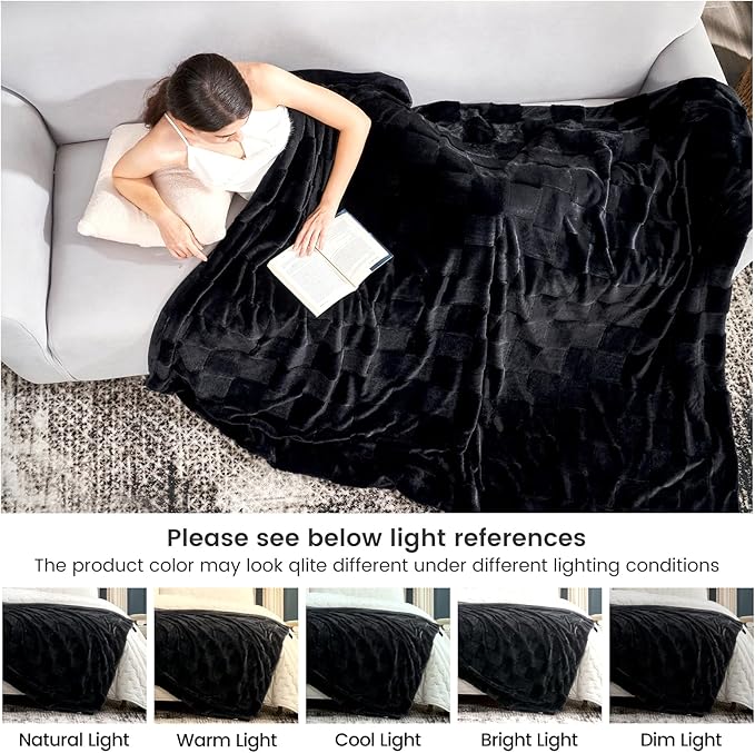Cozy Bliss Checkered White Faux Rabbit Fur Throw Blanket, Soft Fuzzy Fluffy Minky Cream Furry Blankets for Couch, Bed (Black, King(108" x 90")-Ruum Studio Home