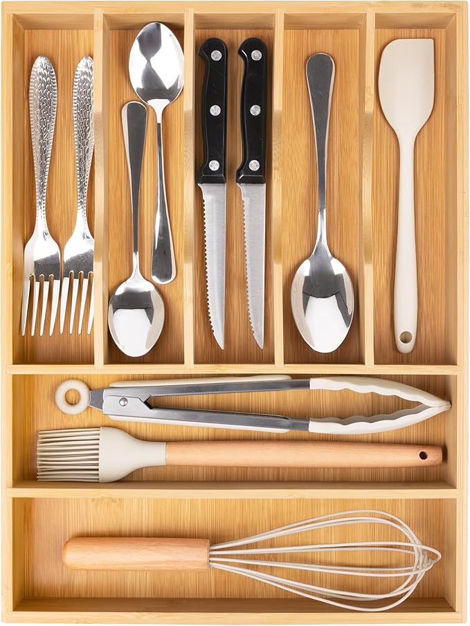 Bellsal Bamboo Silverware Drawer Organizer, Kitchen Utensil Drawer Organizers, 12"x15.7" Utensils Holder Cutlery Tray with Grooved Drawer Dividers for Kitchen Flatware Bedroom Office(7 Slot, Natural)-Ruum Studio Home