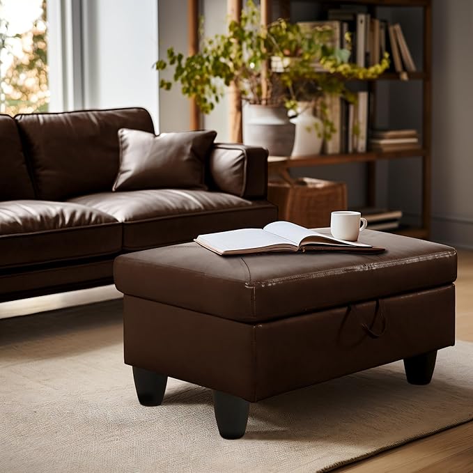 Ottoman Rectangular Storage Ottoman Bench, Faux Leather Footrest, Coffee Table, Stool Footstool with Hinged Lid for Living Room, Bedroom, Entryway, Brown, 28.5"x19"x17.5"-Ruum Studio Home