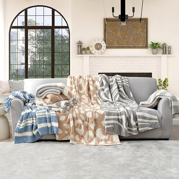 Snuggle Sac Grey Stripe Knitted Throw Blanket for Couch, Reversible Super Soft Warm Blankets Cozy Knit Fuzzy Plush Lightweight Throws for Sofa, Bed, Stripe Grey, 50 x 60 inches-Ruum Studio Home