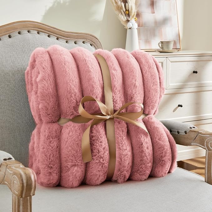 BEDELITE Faux Fur Throw Blanket for Couch, Soft and Cozy Luxurious 3D Striped Fluffy Blanket, 770GSM Thick Warm Plush Fuzzy Faux Rabbit Fur Blanket for Women Gift (Pink, 60"x 80")-Ruum Studio Home