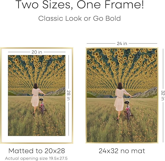 Homeforia 24x32 Poster Frame Gold, High End Metal 24 x 32 Large Picture Frames with Mat 20 by 28 for Photo, 24x32 Gold Frame Matted to 20x28 inch Print, 32x24 Frame, Tempered Glass, Wall Kit, Set of 1-Ruum Studio Home