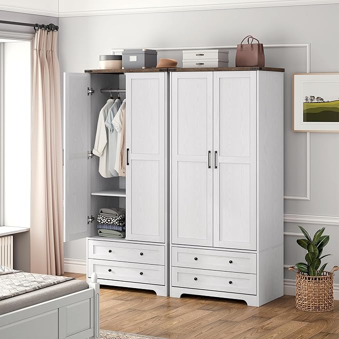 Brafab Armoire Wardrobe Closet with 2 Modern Doors, 71" Tall Freestanding Closet Wardrobe Cabinet with Drawers and Hanging Rail, Light Wooden Storage Cabinet with Shelve for Bedroom (White, 4 Doors)-Ruum Studio Home