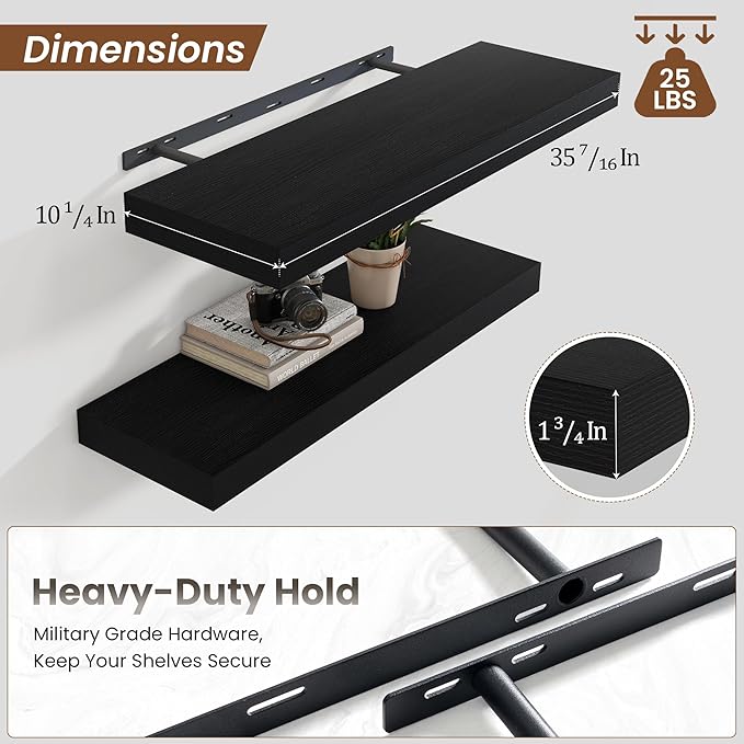 Heimlove 36 Inch Black Floating Shelves for Wall,10 Inch Deep Wood Shelves with Invisible Brackets,Wall Mounted Storage & Display Shelves for Bedroom,Living Room,Kitchen,Office-Ruum Studio Home
