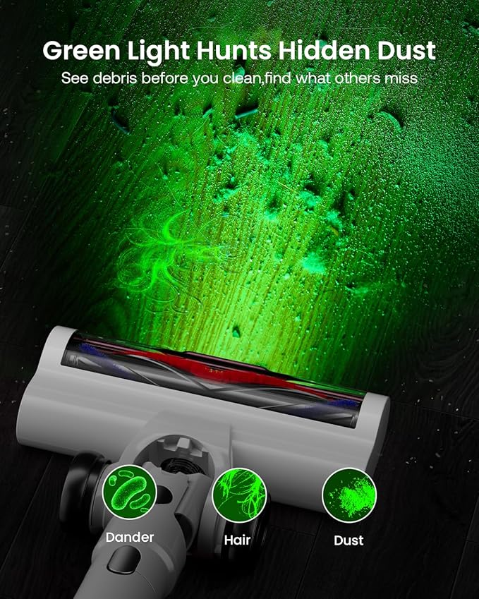 Cordless Vacuum Cleaner for Home, Upgraded 60Kpa Powerful Suction Pet Hair Vacuum with 70min Runtime, Green LED Light for Hardwood Floors & Carpet, Self-Standing Rechargeable Stick Vacuum, White-Ruum Studio Home