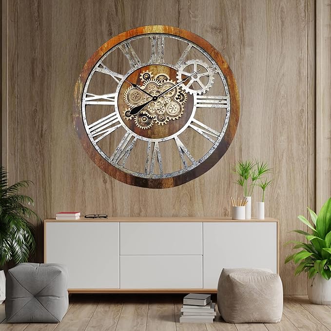 The Gears Clock 36'' Inch Real Moving Gear Wall Clock Vintage Industrial Oversized Rustic Farmhouse (Vintage Brown)-Ruum Studio Home