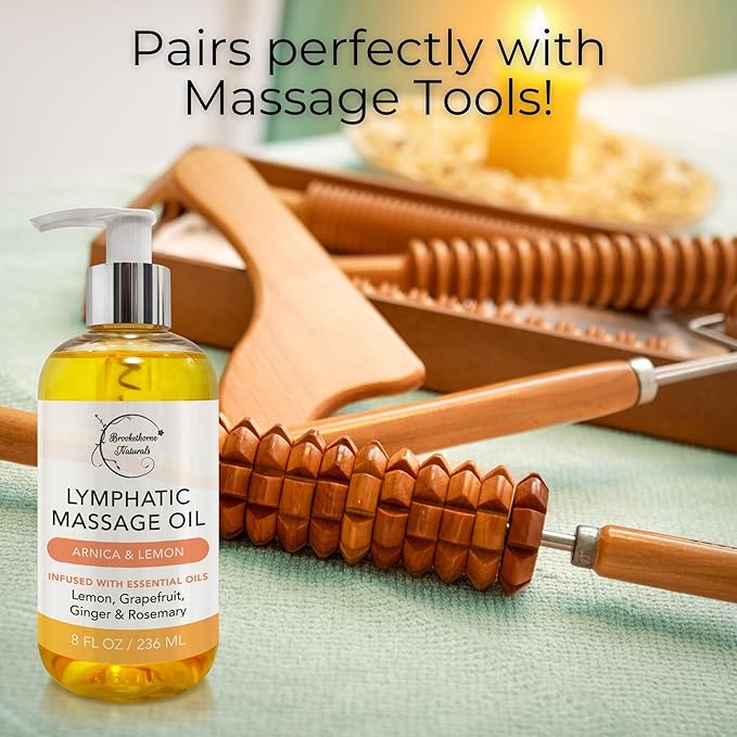 Lymphatic Massage Oil for Massage Therapy | 100% Natural Lymphatic Drainage Oil | Premium Quality with Arnica, Lemon & Ginger | for Post Surgery Recovery & Detox | 8oz by Brookethorne Naturals-Ruum Studio Home