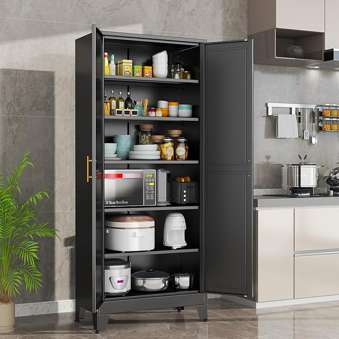 Black Metal Storage Cabinet,75" Steel Cabinets for Home Office, Kitchen Pantry Storage Cabinet with Doors and 5 Adjustable Shelves, Tool Cabinets, for Office, Home, Garage, School-Ruum Studio Home
