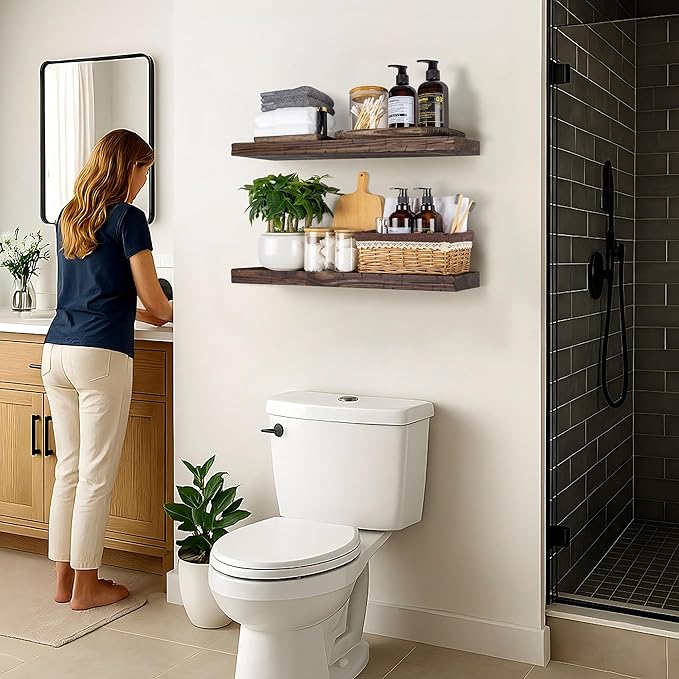 BGMG Floating Shelves 24 inch Long, Distressed,Wide Rustic Wooden Wall Shelves for Bathroom Living Room Bedroom Kitchen Farmhouse Set of 2-24x6.7x1.25 inch-Distressed Walnut-Ruum Studio Home