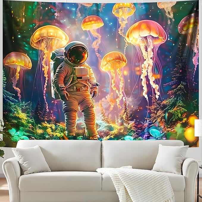 BVBOX Astronaut Blacklight Tapestry 79"x59", UV Reactive Astronaut Jellyfish Underwater World Glow in Dark Tapestries, Black Light Neon Upright Poster Wall Hanging Backdrop Decor for Bedroom Living Room-Ruum Studio Home