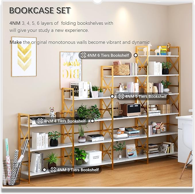 4NM 6 Tiers No Assembly Book Shelves, 61.8" H Folding Bookshelf Bookcase Open Industrial Foldable Shelves for Bedroom, Living Room, Home Office - White Gold-Ruum Studio Home