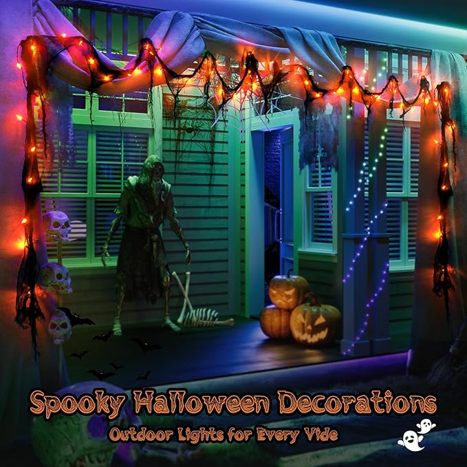 Halloween Horror Atmosphere Lights, Orange&Purple LED String Lights with 9.9FT Creepy Black Gauze, Battery Powered with Timer & 8 Flashing Modes (Orange)-Ruum Studio Home