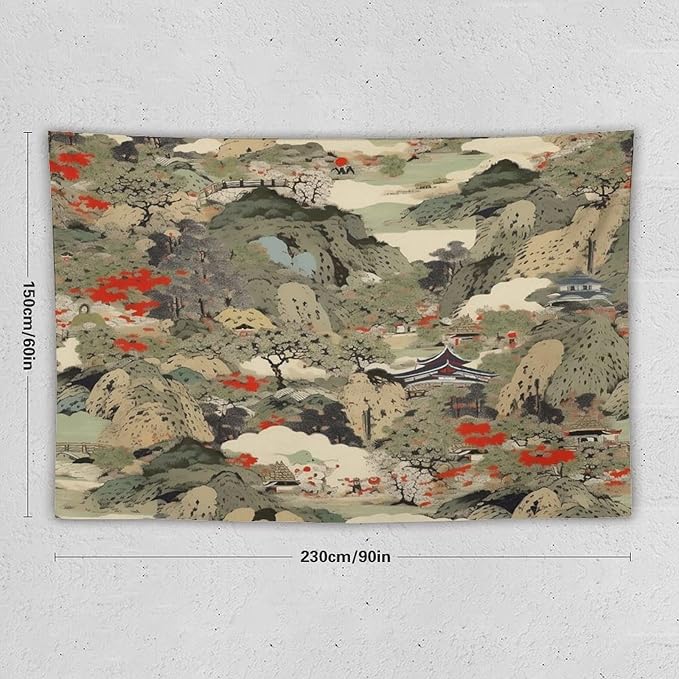 Asian Tapestry,Japanese Red Landscape Asian Watercolor Abstract Art Tapestry, Asian Japanese Wall Tapestry, Nature Landscape Tapestries for Bedroom Living Room Decor 90"x60"-Ruum Studio Home