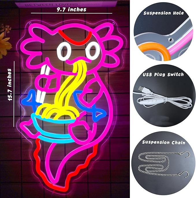 Axolotl Ramen Neon Sign for Wall Decor Dimmable Axolotl Eating Noodles LED Neon Light Cut Japanese Neon Sign Anime Neon Signs for Japan Restaurant, Home Wall Art and Kitchen Decor(15.7 * 9.7inch)-Ruum Studio Home