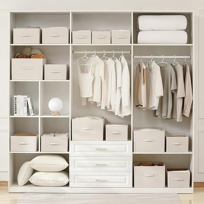 Linen Folding Storage Bins, 3 Pack Large Storage Baskets, Washable, Clothing Storage Bins with Handle, Closet Organizer for Storage Sweater,Sheets(Beige, 18½"x13½"x8½")-Ruum Studio Home
