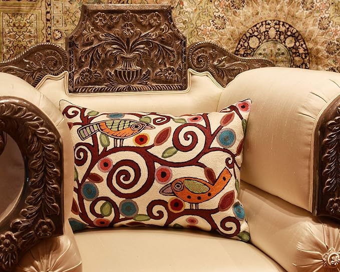 Lumbar Klimt Modern Pillow Cover | Cream, Multicolor Tree of Life, Birds, Floral Suzani Floral Pattern | 14" x 20" | 1 Count-Ruum Studio Home