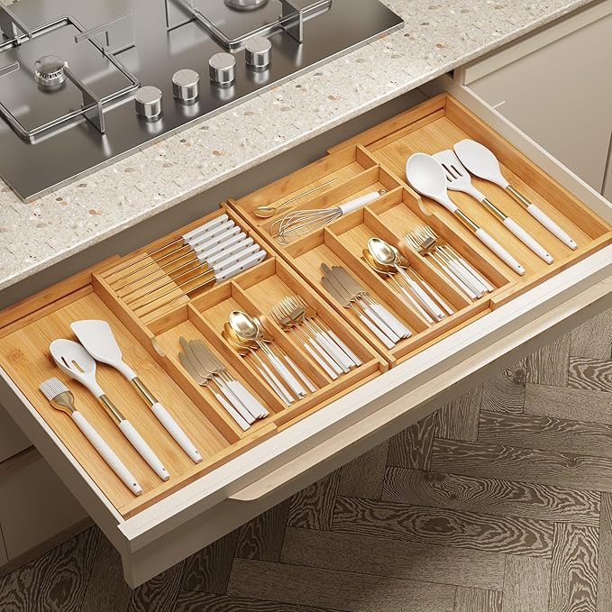 BAMEOS Expandable Silverware Drawer Organizer with Removable Knife Blocks, Bamboo Kitchen Utensil Holder from 21" to 36", Large Cutlery Tray with Divider for Forks, Spoons, Knives-Ruum Studio Home