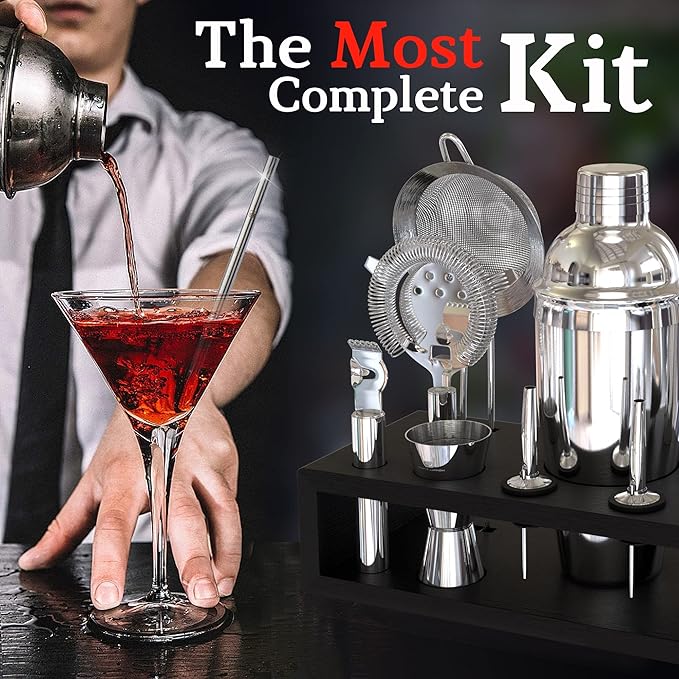 Highball & Chaser 13-Piece Cobbler Cocktail Shaker Set Stainless Steel Mixology Bartender Kit With Stand For Home Bar Cocktail Set | Laser Engraved Cocktail Tools | Plus Ebook with 30 Cocktail Recipes-Ruum Studio Home