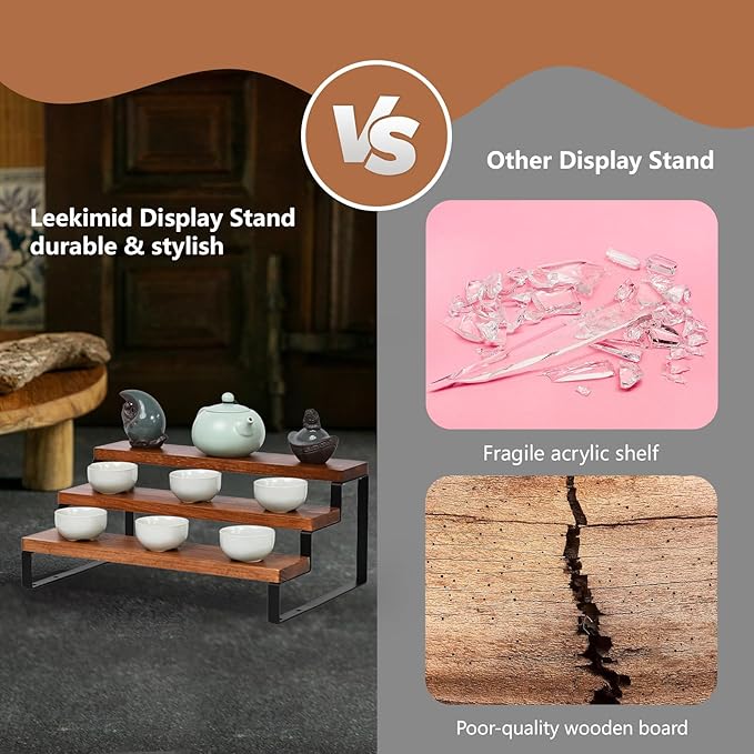 3 Tier Wooden Display Riser Stand Perfume Organizer with Metal Stand, Dessert Table Display Set, Food Display Stands for Party, Brown Rustic Solid Wood Shelf for Cupcakes, Perfume, Cologne, Spiece-Ruum Studio Home