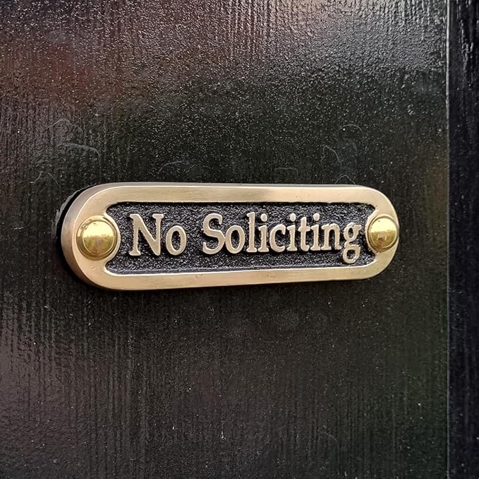 No Soliciting Brass Door Sign. Traditional Style Home Décor Wall Plaque Handmade By The Metal Foundry UK.-Ruum Studio Home
