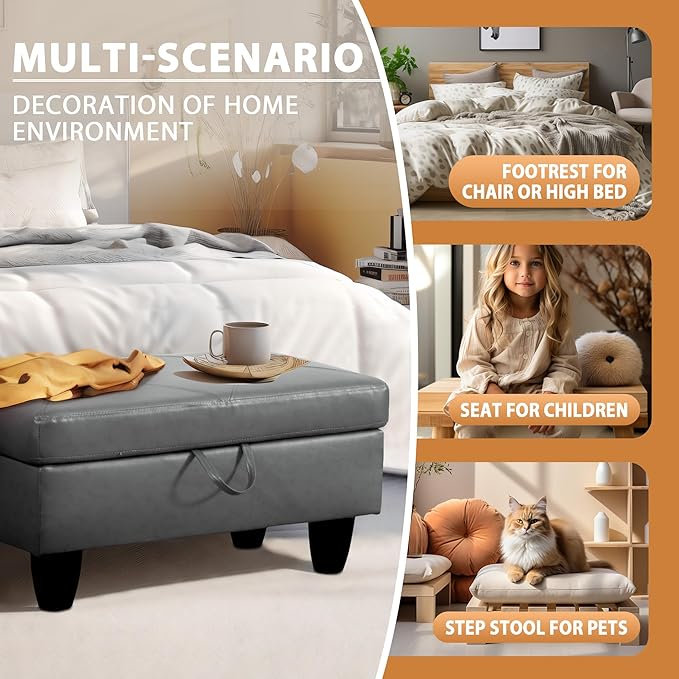 Ottoman Rectangular Storage Ottoman Bench, Faux Leather Footrest, Coffee Table, Stool Footstool with Hinged Lid for Living Room, Bedroom, Entryway, Gray, 28.5"x19"x17.5"-Ruum Studio Home