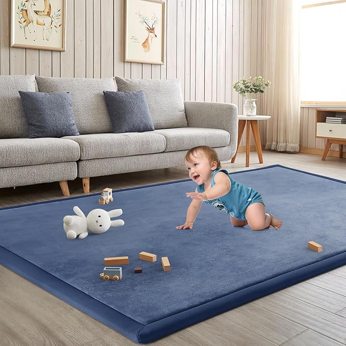 Baby Play Mat for Floor Tummy Time Mat Nursery Rug Muscle Mat Area Rug Playroom Rug Tatami Mat 6'7"x5'11" Memory Foam 1.3" Thick Crawling Mat for Babies,Toddlers, Infants, Kids,Floor Mat(Blue)-Ruum Studio Home